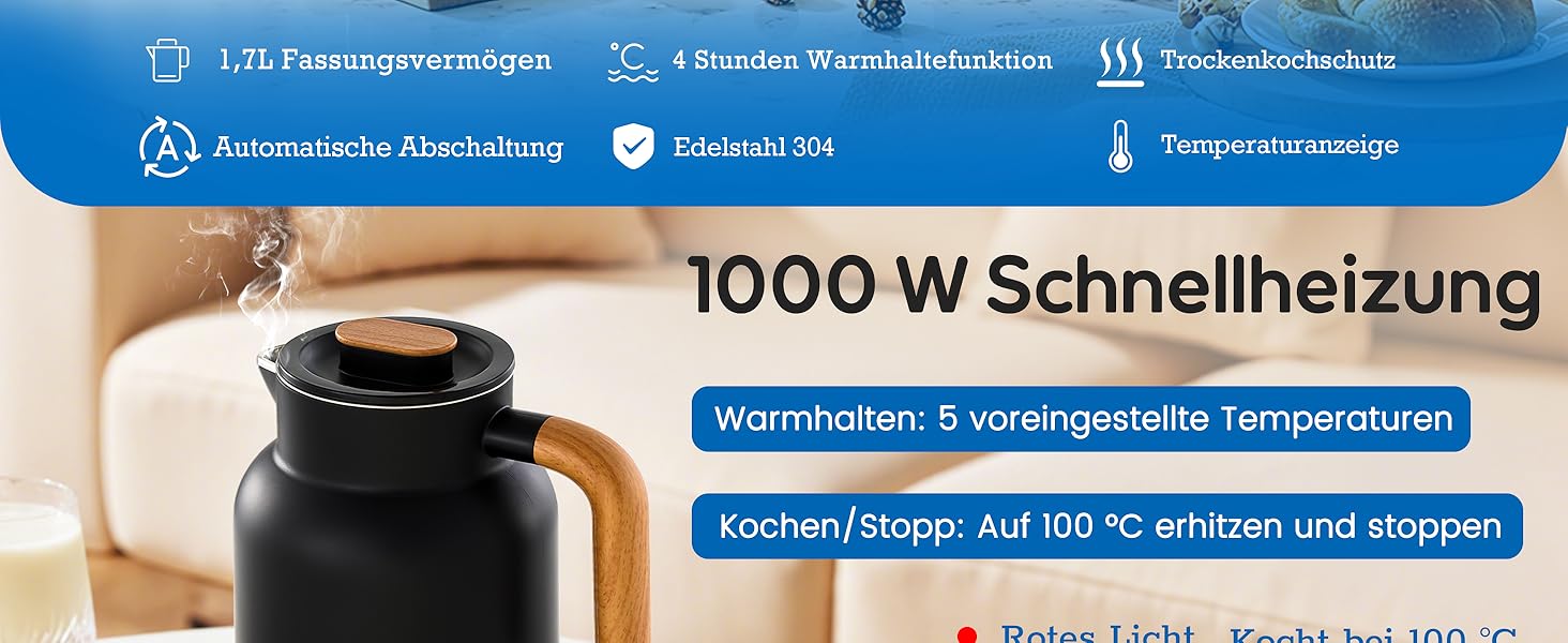 Електричний чайник з регулюванням температури DmofwHi, 1.0л, 1000W, з LED-індикатором, подвійні стінки, без BPA, автоматичне вимкнення та захист від сухого кип'яття (чорний)