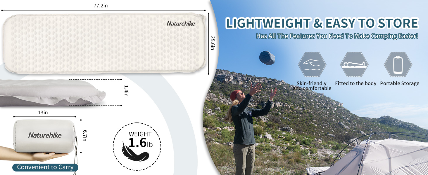 Naturehike Yugu: Надувний килимок для кемпінгу та трекінгу, 3.5 см, блакитний