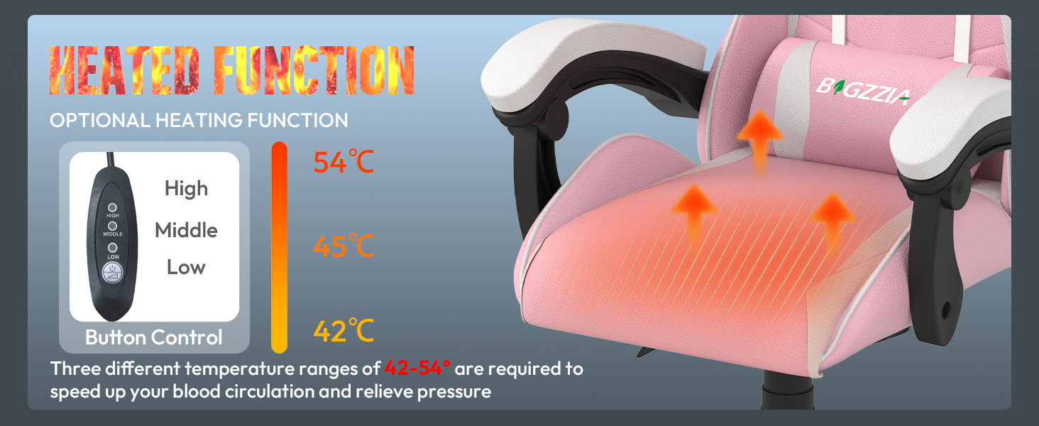 Ігрове крісло Bigzzia Gaming з підігрівом та регулюванням спинки 90-135°, рожеве