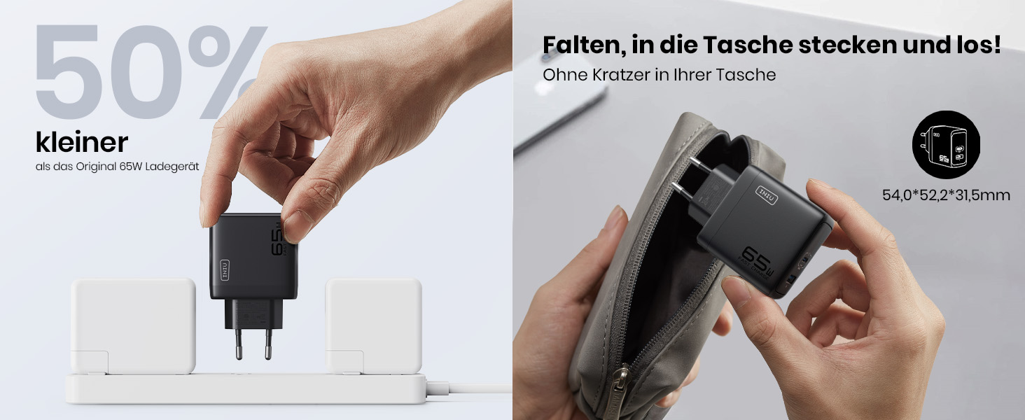 Зарядний пристрій INIU 65W USB-C + USB-A GaN, мережевий адаптер для MacBook, iPad, iPhone, Samsung Galaxy, Pixel - червоний