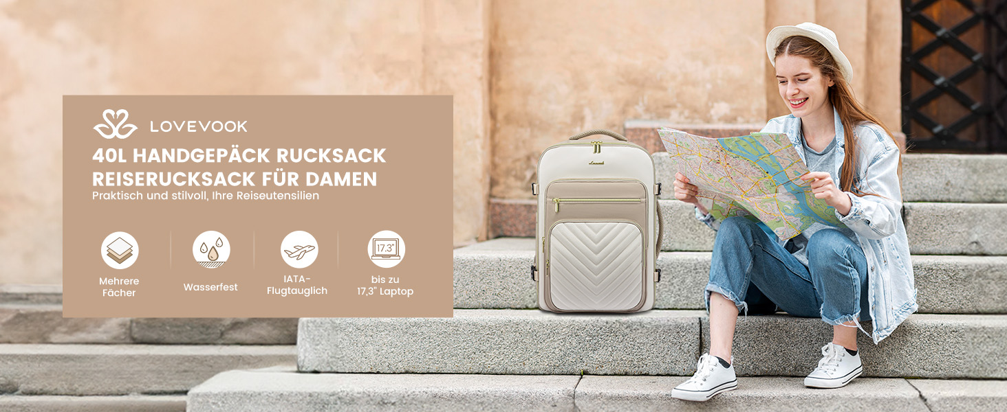 Рюкзак LOVEVOOK 40L для ручної поклажі в літак, водонепроникний, з відділенням для ноутбука 17 дюймів, для подорожей, роботи, хайкінгу, оливково-бежевий