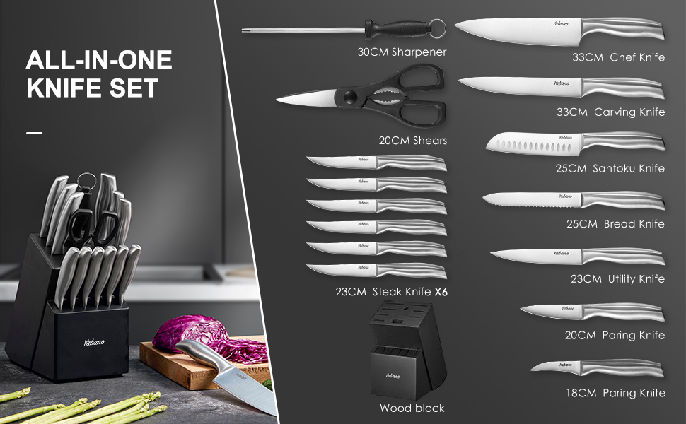 Yabano 16-Piece Professional Stainless Steel Knife Set with Wooden Block - Chef's Knife Set