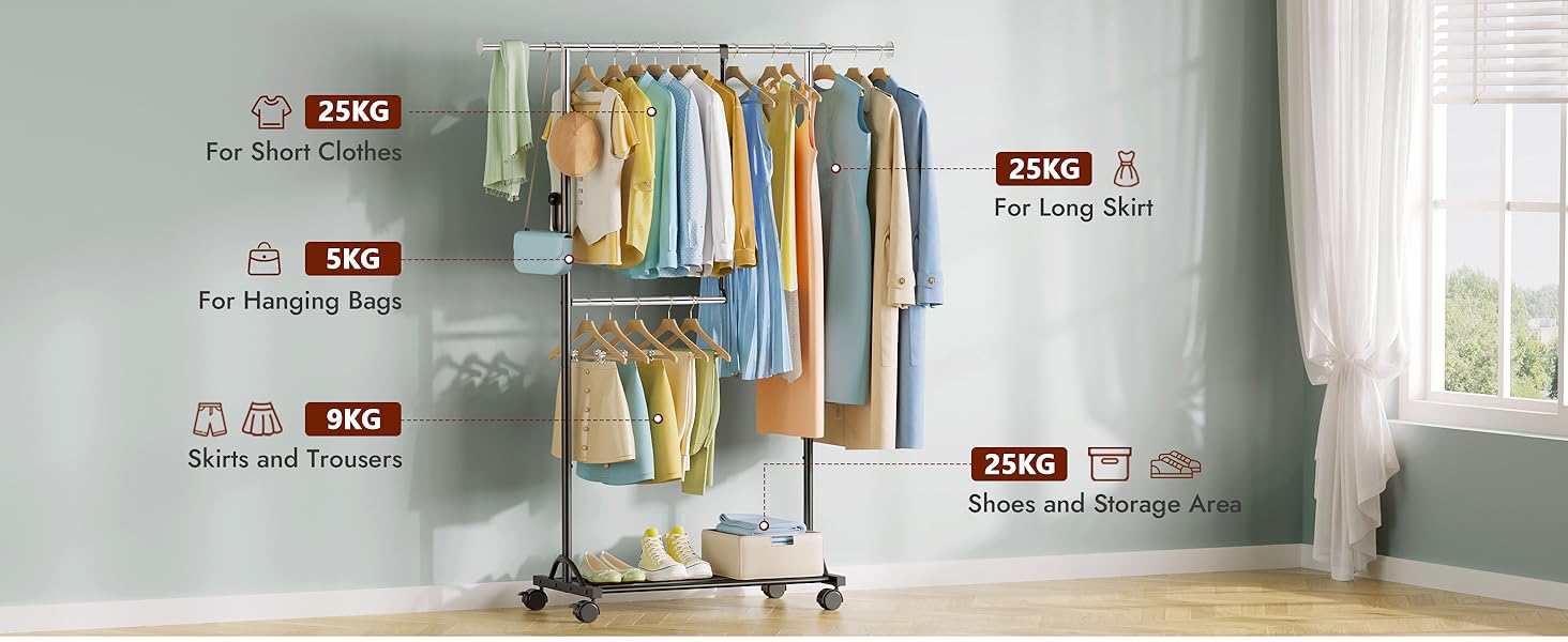 Кледірстанцер FAVOOOSTY на колесах, мобільний, металевий, регульований, чорно-білий, 89.50×39.00×161.20 см