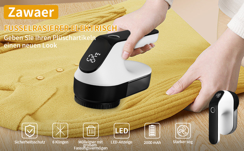 Електричний триммер для одягу Zawaer, 2000 mAh, видалення котушок, 3 швидкості, для одягу та меблів