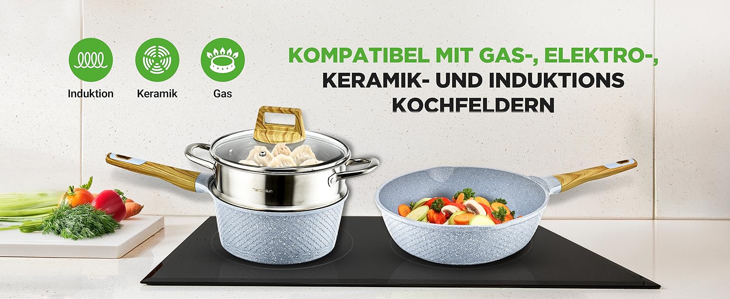 Набір посуду NutriChef 22 предмети антипригарний мармуровий блакитний – сковороди, каструлі, аксесуари для кухні, індукція, посудомийна машина