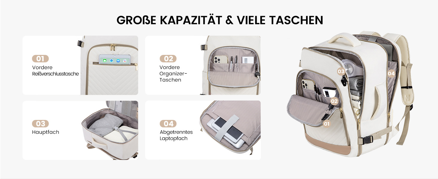 LOVEVOOK Рюкзак для ручної поклажі, 40L, жіночий, для подорожей, великий, водонепроникний, з відділенням для ноутбука 17 дюймів, валіза-рюкзак, для подорожей, роботи, бізнесу, білий, кофейний колір