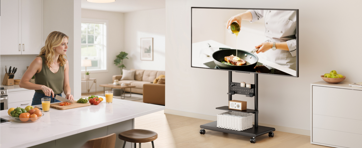 Підставка для телевізора на колесах, 50-90 дюймів, до 70 кг, регульована висота та нахил, з полицями, VESA 600x400 мм