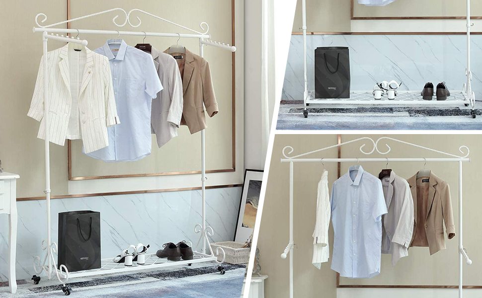 Clothes Rack, Garment Rod, Coat Rack with Shoe Storage, Width 136cm, Vintage Style Metal, Height Adjustable from 126 to 200 cm (White with Wheels)
