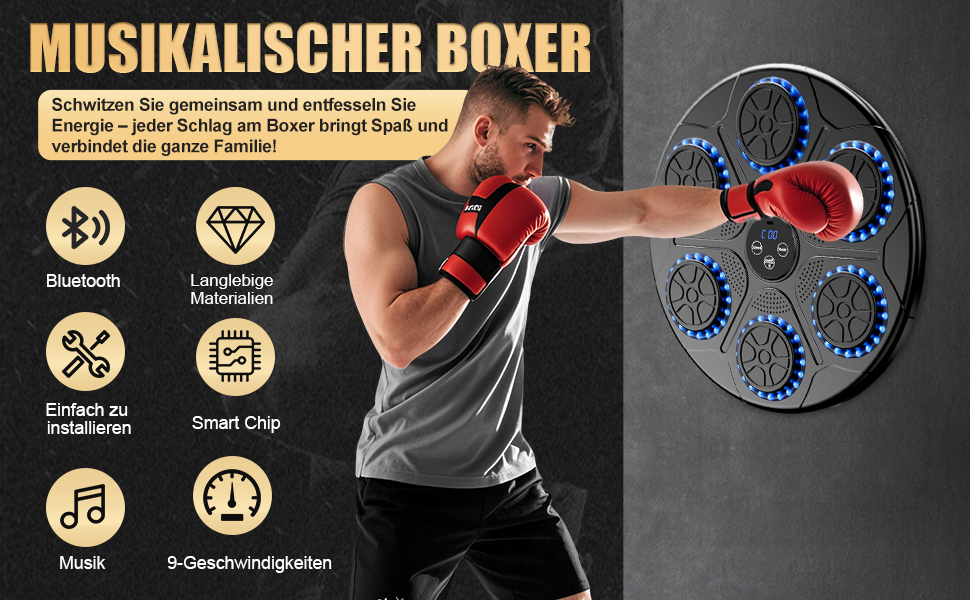 Music Boxing Machine - Home Fitness & Punching Bag with Music & Bluetooth | Includes Boxing Gloves | Ideal for Reflex Training, Kickboxing & Family Activities | Wall Mountable Black