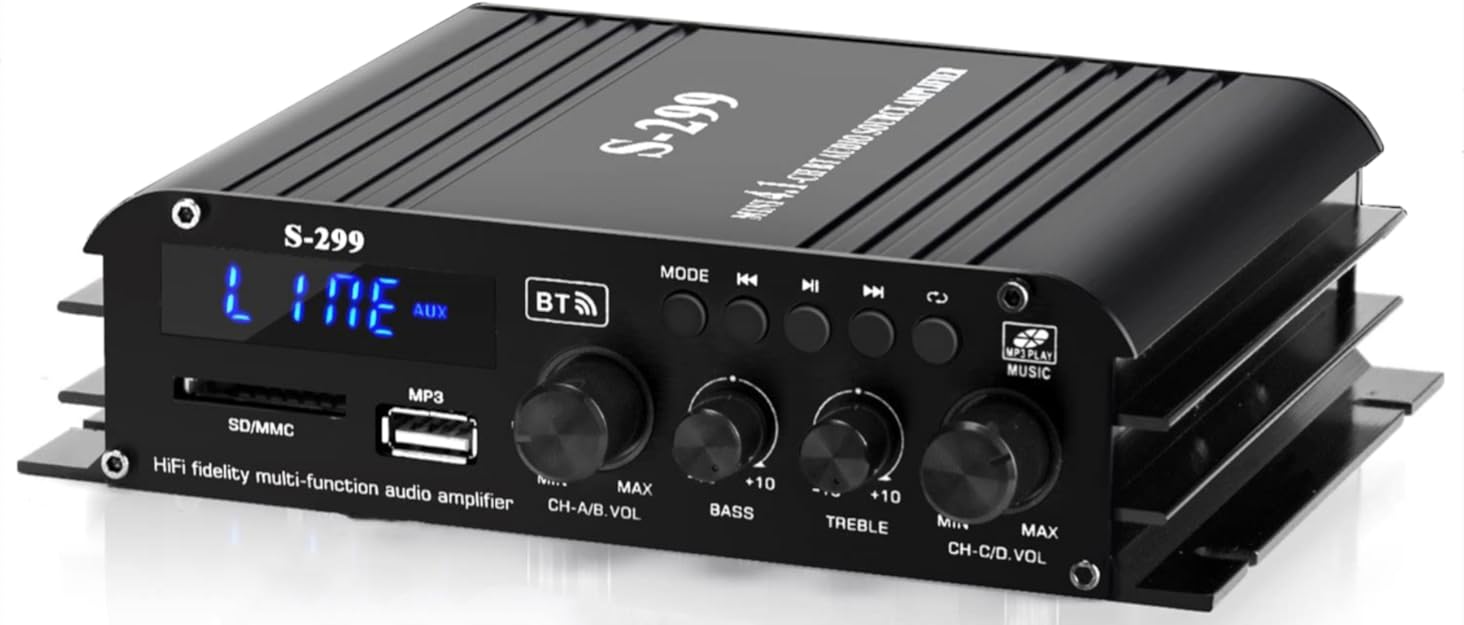 4.1-канальний підсилювач 1600W, Bluetooth 5.0, HiFi міні підсилювач для домашніх колонок 40Вт x4 + активний сабвуфер, USB/TF, MP3, пульт, 110-240V/12V, S299