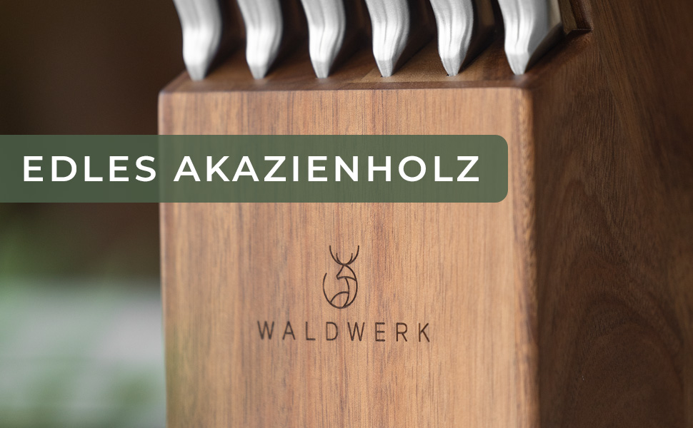 Waldwerk 7-Piece Knife Set with Block & Sharpener - Acacia Wood Block Set - Premium Kitchen Knife Set