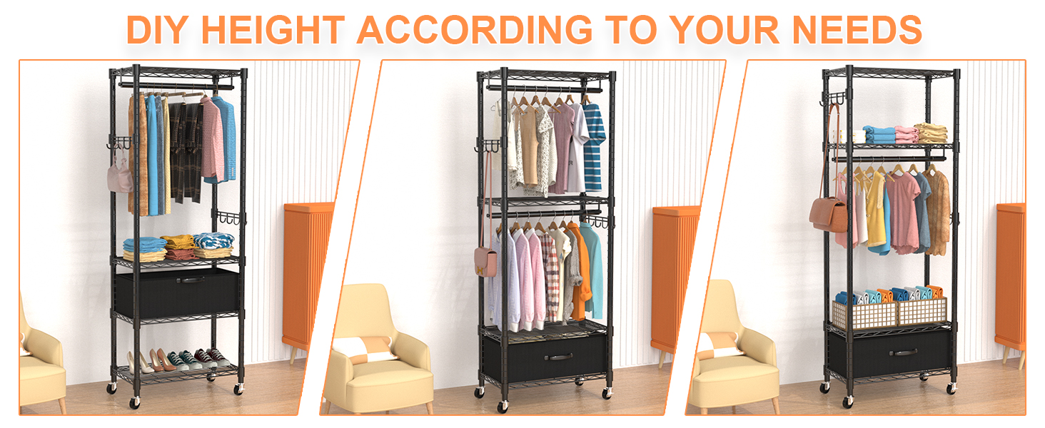 Clothes Rack, Clothes Rack, 4 Tier, Adjustable Closet Organizer System with Drawer | Double Rods | Side Hooks | Holds 445 lbs
