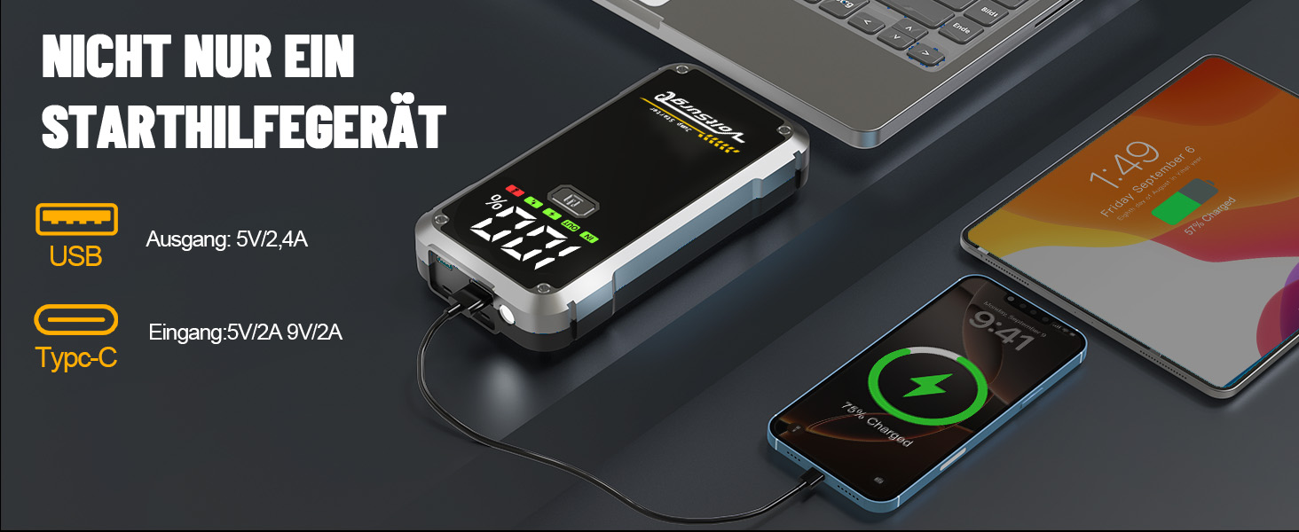 Powerbank Starthilfe VoltSurge 5000A: пусковий пристрій для авто 12V, 7.0L бензин/5.5L дизель, з LED ліхтариком