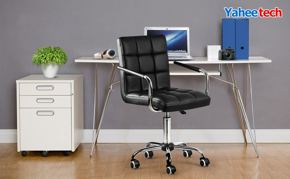 Крісло офісне Yaheetech, обертове, з регульованими підлокітниками, з штучної шкіри (Чорний)