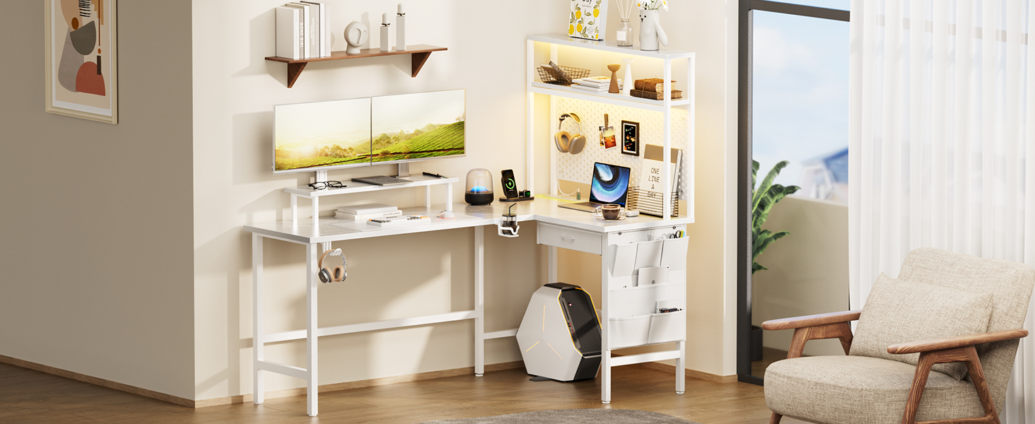 Ігровий стіл кутовий 150x100 см з 3 розетками та 2 USB, зворотний, з LED підсвічуванням, з ящиками та підставкою для монітора. Білий кутовий ігровий комп'ютерний стіл 170x100 см.