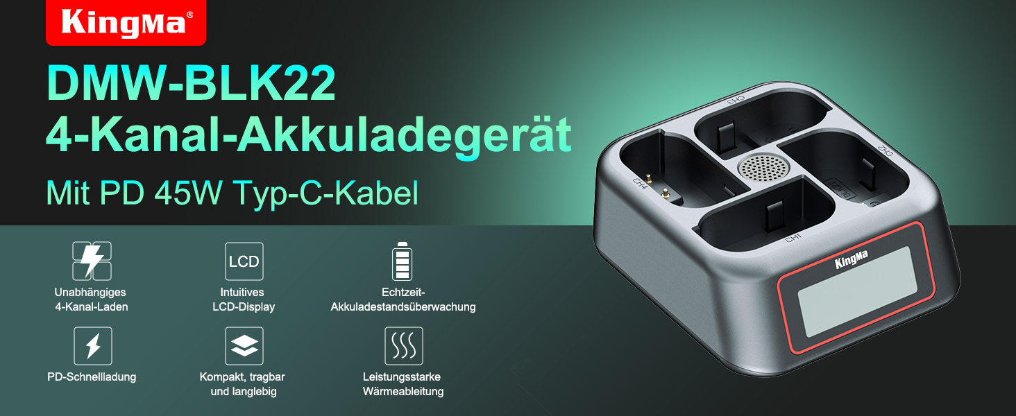 Зарядний пристрій King Ma для акумуляторів камер, 4-канальний, 45W PD, LED-дисплей, сумісний з Sony A7III/A7IV/A7RIII/A7RV/A7C/A7CII/A6700/A9/A9III/A1/ZV-E1/FX3/FX30 (DMW-BLK22)