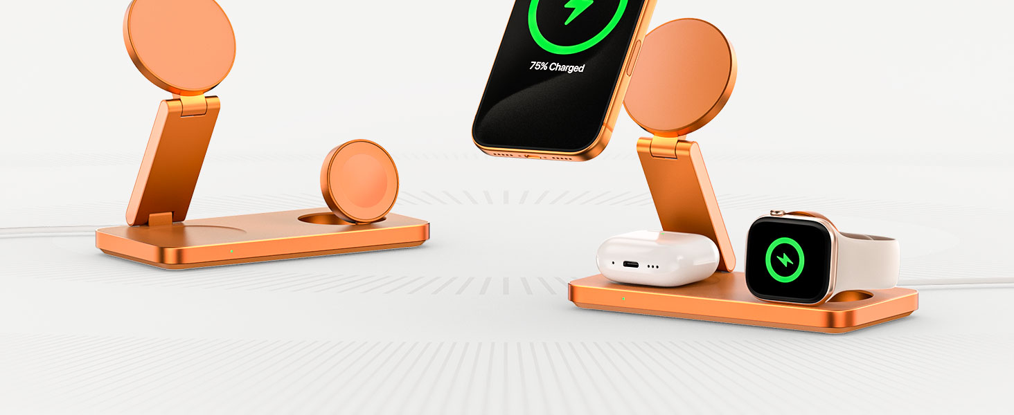 Бездротова зарядна станція 3 в 1 для Apple iPhone 17/16/15/14/13/12, Apple Watch Ultra/11/10/SE та AirPods 4/3/2, сумісна з MagSafe, складана, помаранчева