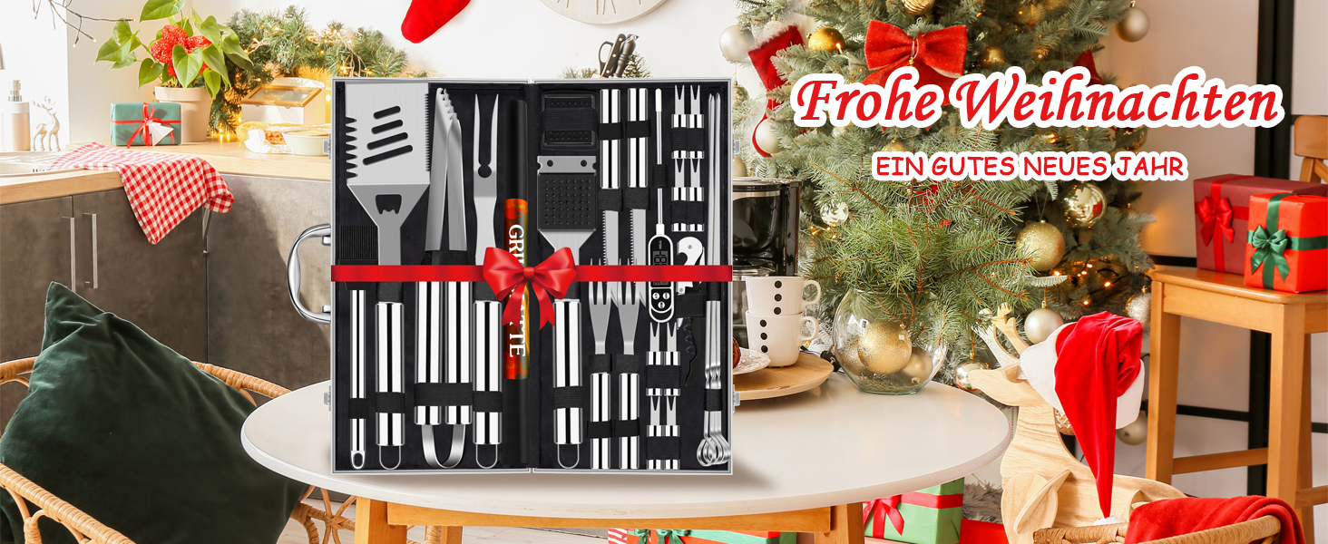 Набір аксесуарів для гриля Grilliance 26 шт. з нержавіючої сталі. Якісний набір інструментів для приготування барбекю з кейсом та термометром. Чудовий подарунок для чоловіків.