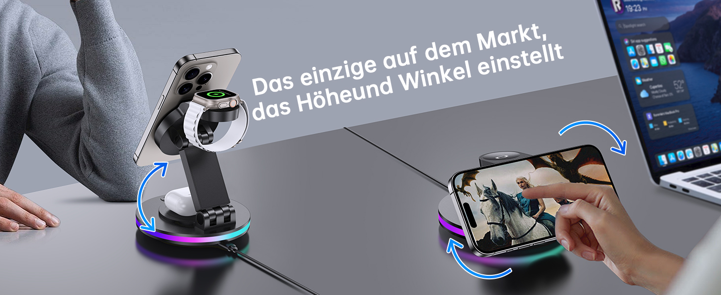 Зарядний пристрій MagSafe 3-в-1 для Apple Watch та iPhone, складний, поворотний з регулюванням світла, бездротовий зарядний стан MagSafe для iPhone 16/15/14, AirPods (без адаптера) - Чорний