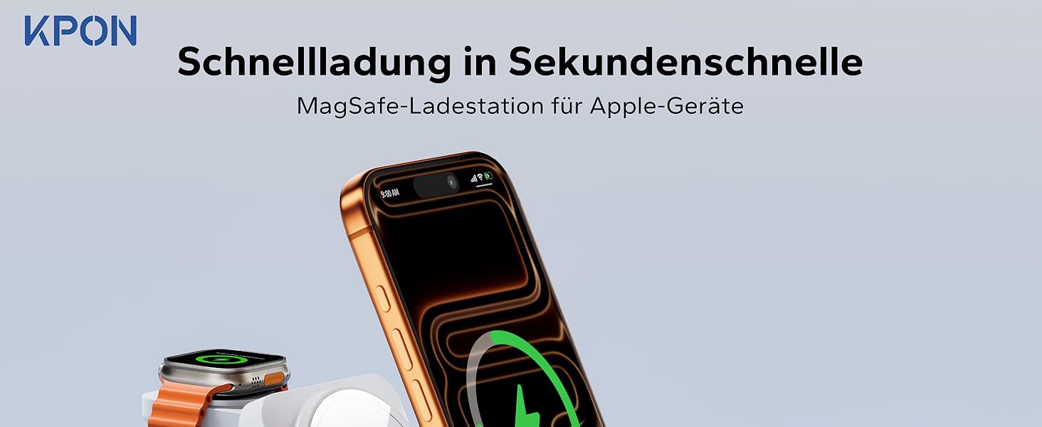 Зарядна станція 3-в-1 KPON для Apple Watch та iPhone з MagSafe, 20W, біла - Швидка зарядка для iPhone 17-12, Apple Watch 11-2, AirPods, портативна для подорожей та офісу
