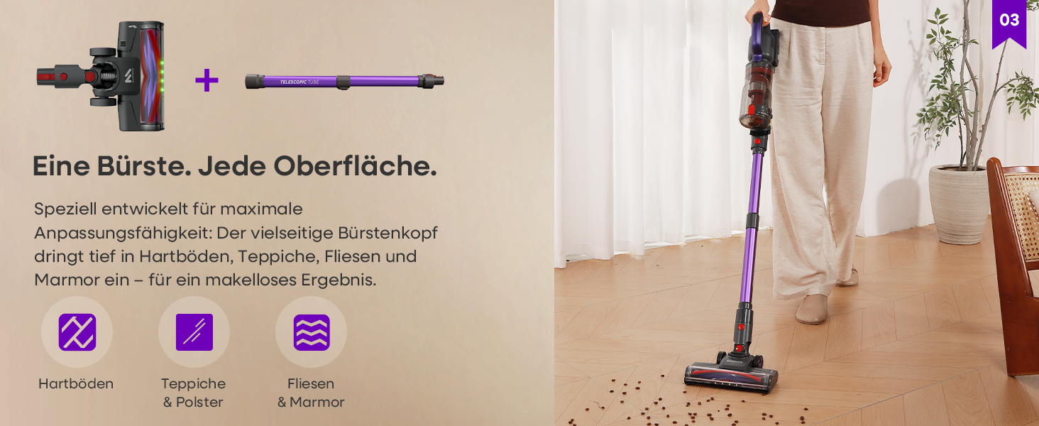 Бездротовий акумуляторний пилосос AlloyMove A03 Lila: потужність 450W, 45000Pa, LED, 60 хвилин роботи, для тварин, килимів, твердих поверхонь