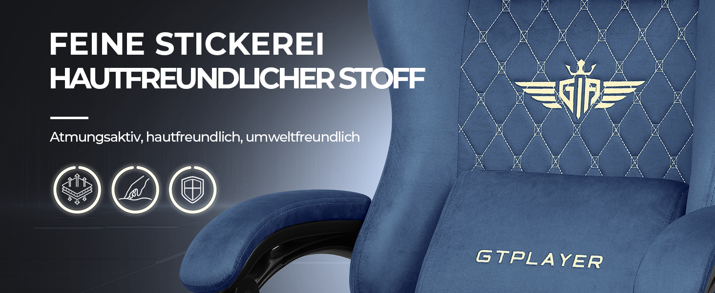 GTPLAYER Ігровий стілець Stoff (тканина) для геймерів та офісу, до 150 кг, з регульованою спинкою, підлокітниками, подушкою та підставкою для ніг, блакитний