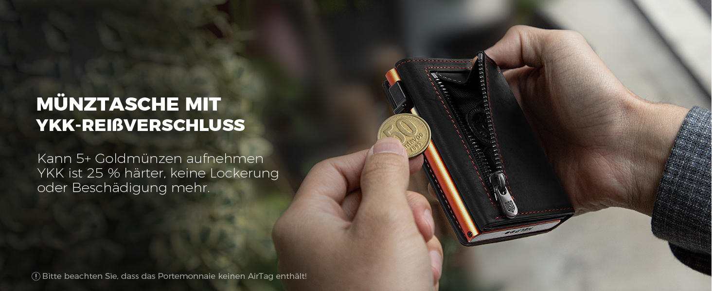 Портмоне DODENSHA® MagSnap для чоловіків з RFID захистом, відділенням для AirTag, картхолдером та відділенням для монет. Чорно-помаранчевий колір.