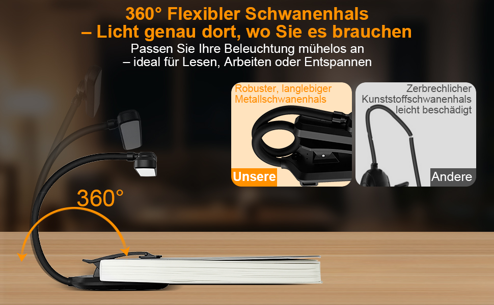 LED лампа для читання на прищіпці з акумулятором, нічник з 24 LED для дітей, USB перезарядна лампа з 3 режимами колірної температури та 5 рівнями регулювання яскравості, гнуший лебединий шийний кріплення для читання в ліжку, чорний