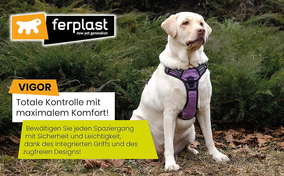 Шлейка для собак Ferplast середнього розміру, 2 гачки для контролю, шлейка від тяги, регульована, світловідбиваюча та дихаюча, ідеальна для тренувань, M, Бежево-коричнева