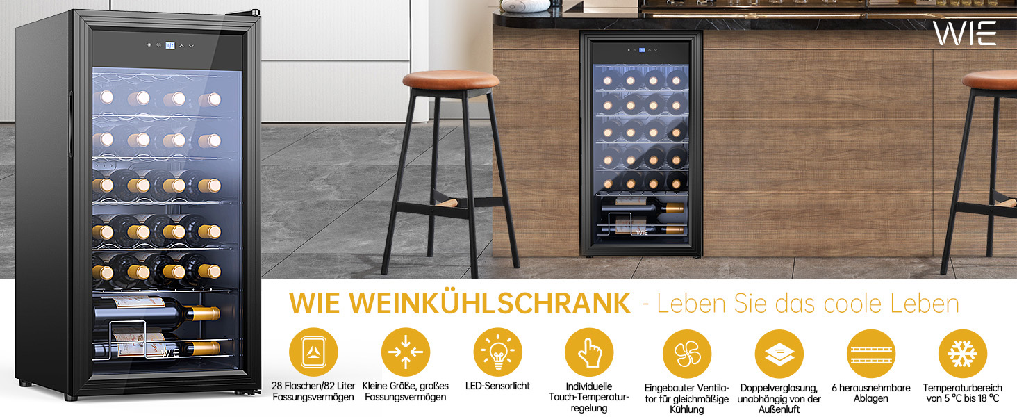 WIE 33 Liter Wine Fridge - 1 Zone Mini Wine Cooler with Glass Door & LED Touch Panel - Anti-UV Wine Storage for 28 Bottles