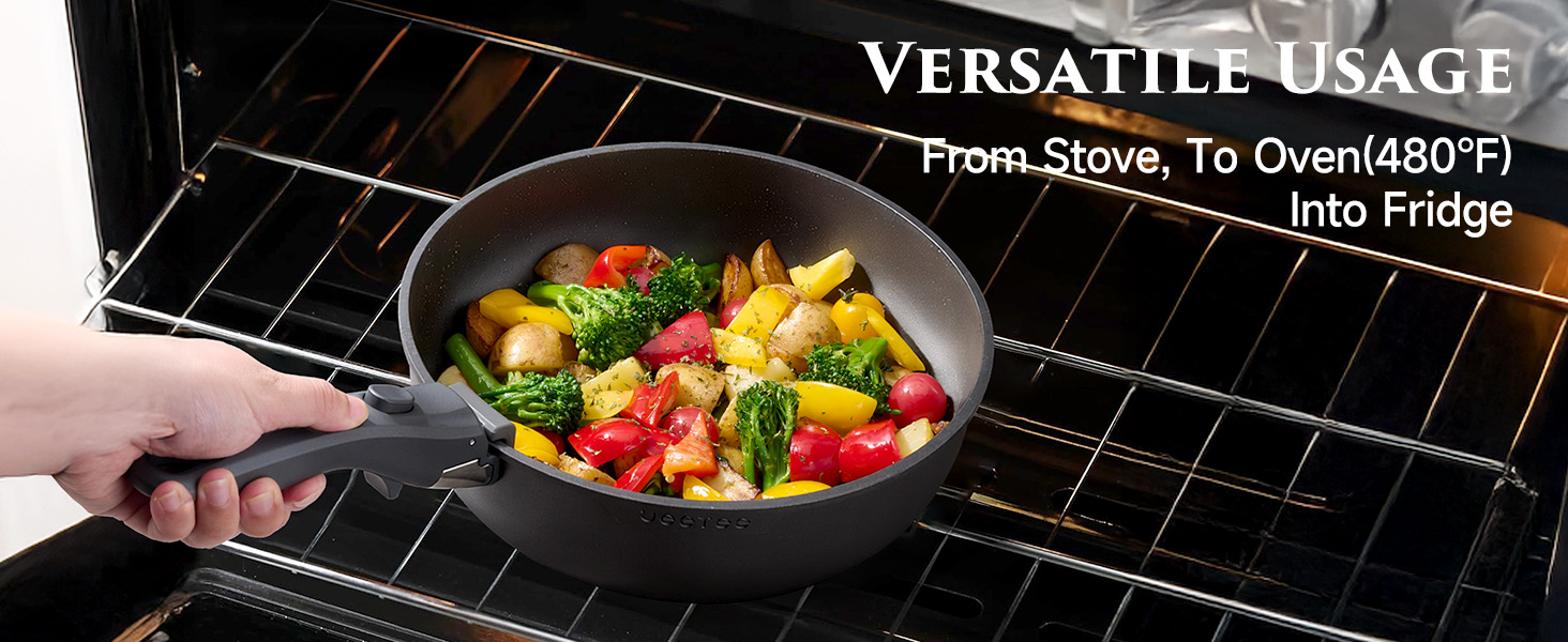 Набір посуду JEETEE 20 предметів з антипригарним титановим покриттям та знімною ручкою, для індукційних плит, з кришками, сірий