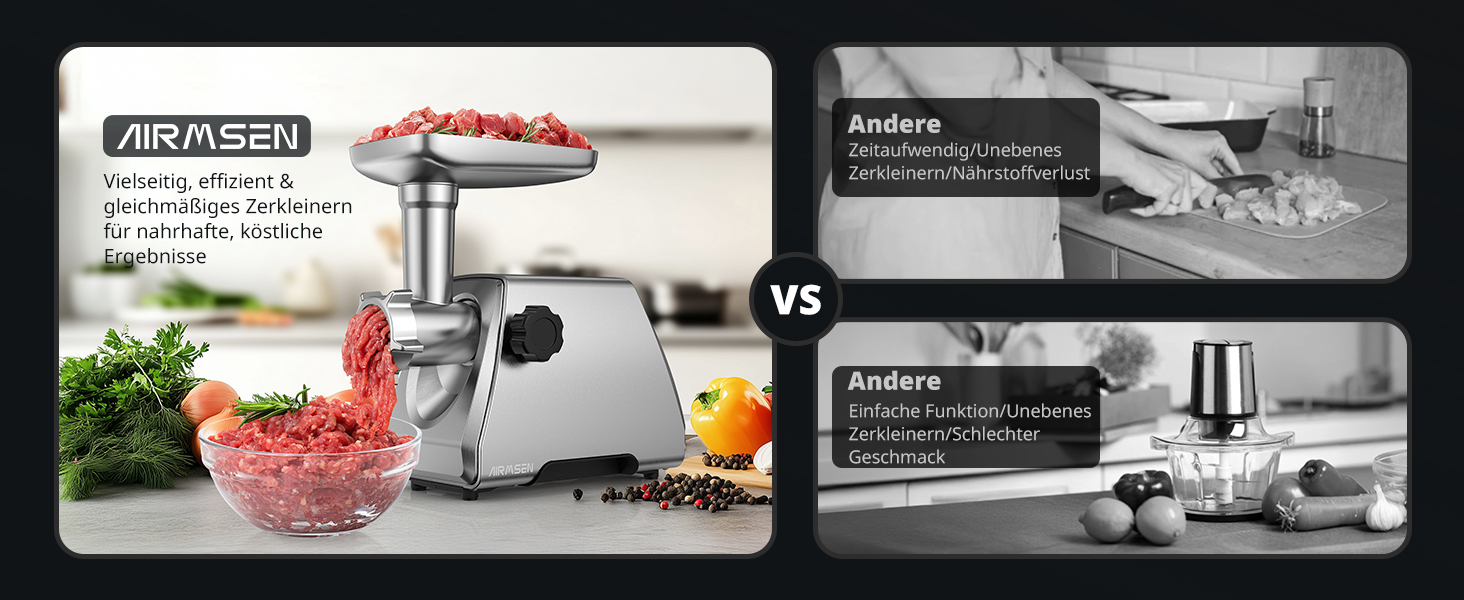 М'ясорубка електрична AIRMSEN з насадкою для ковбас, 2 сталеві ножі, 3 диски, насадка Kubbe, потужний мотор, нержавіюча сталь