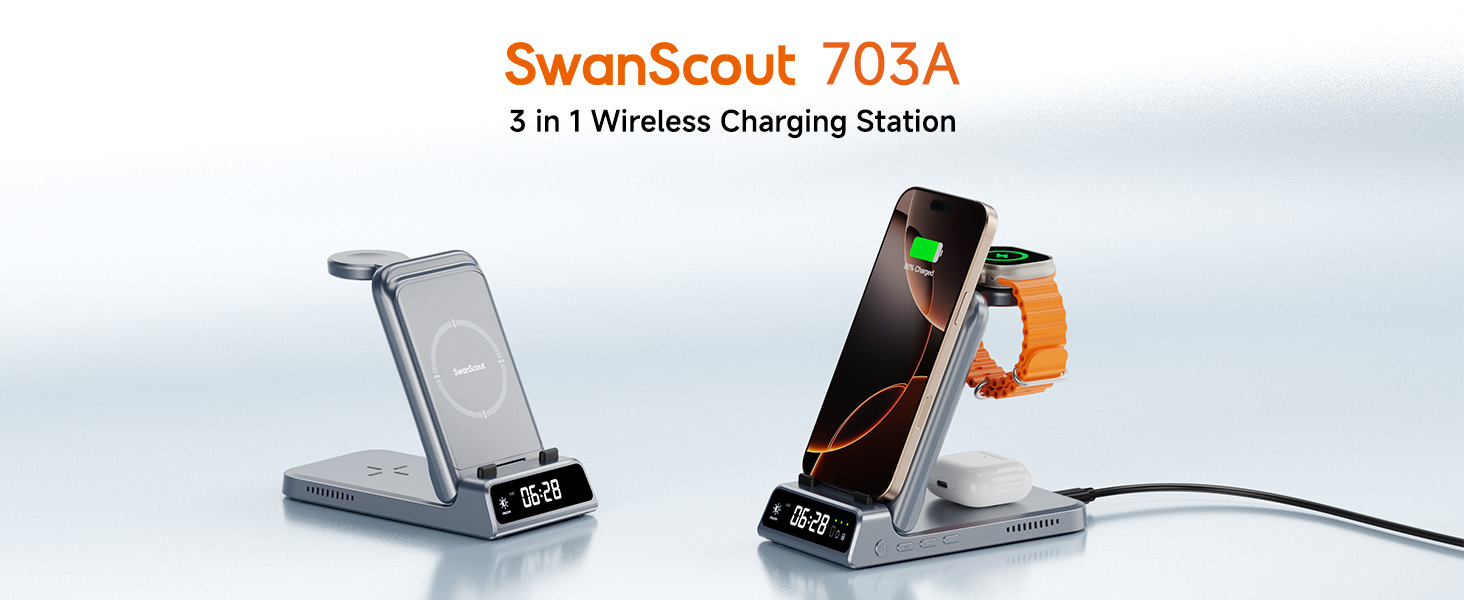 Бездротова зарядка 3-в-1 SwanScout 703A для iPhone 17/16/15/14/13/12, Apple Watch 11/10/9/8/7/Ultra та AirPods Pro 3 (Tech Grey)