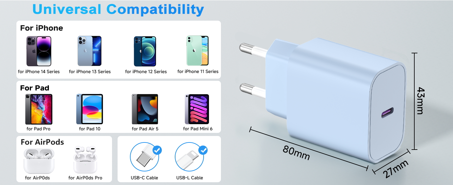 Зарядний пристрій 20W USB-C з кабелем Lightning для iPhone 14/13/12/11/X/SE (2 шт) - Синій