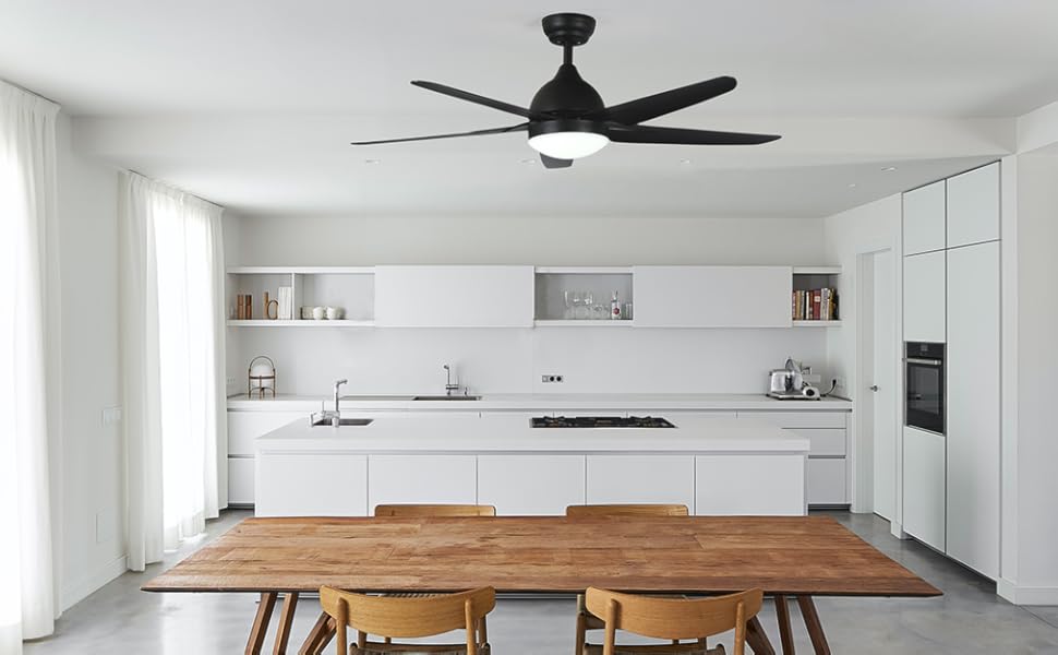 Стеляний вентилятор FINXIN з LED-лампою 132/122 см для спальні, вітальні, їдальні. Включає мотор, пульт керування (5 лопатей, чорний)