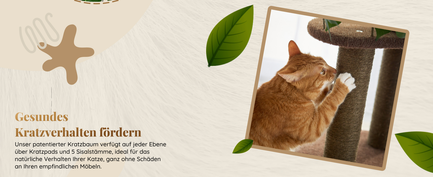 Дерево для котів з листям – Стабільний та компактний – 4 поверхні для дряпання та 3 стовпчики – Ідеально для лазіння, ховання та сну – Легка збірка – Безпечний та довговічний cat tree з натуральних матеріалів