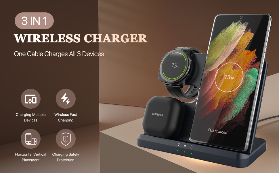Бездротова зарядка 3-в-1 для Samsung Galaxy: смартфони, навушники, годинники (чорний)