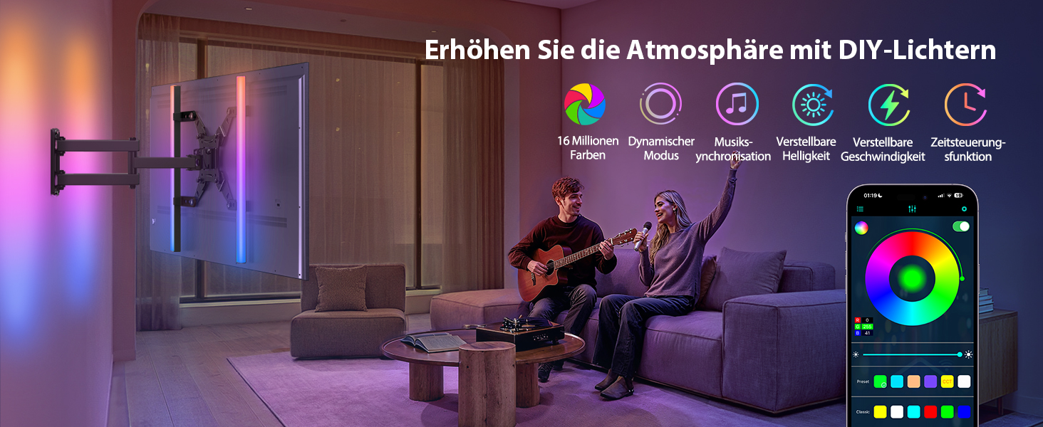 Кронштейн для телевізора PERLESMITH поворотний настінний з LED підсвіткою для Echo Show 21/15, 12-42 дюйми, до 20 кг, VESA 200x200 мм, з синхронізацією з музикою