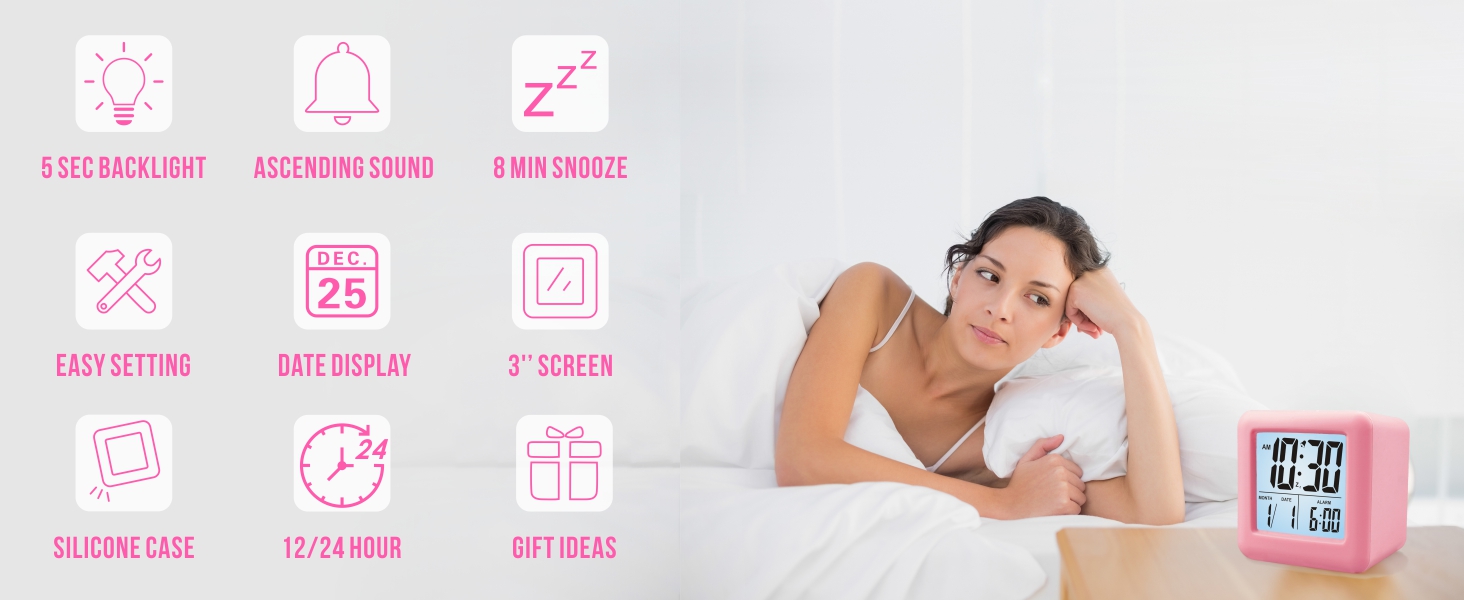 Цифровий туристичний годинник Plumeet з будильником, софт-нічником та великим дисплеєм, рожевий