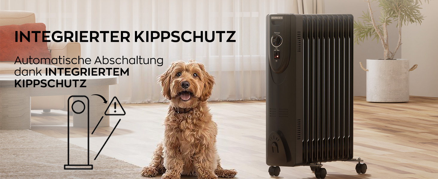 Електричний масляний радіатор Heinrich з 13 ребрами, 2500W, з вентилятором, терморегулятором, захистом від перегріву та нахилу, чорний