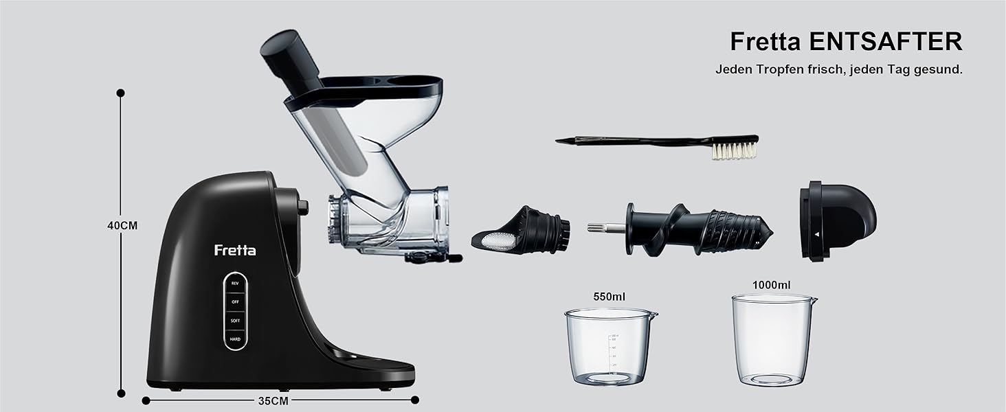 Фреш-прес Fretta Slow Juicer: холодний віджим, 200W, для овочів та фруктів, чорний