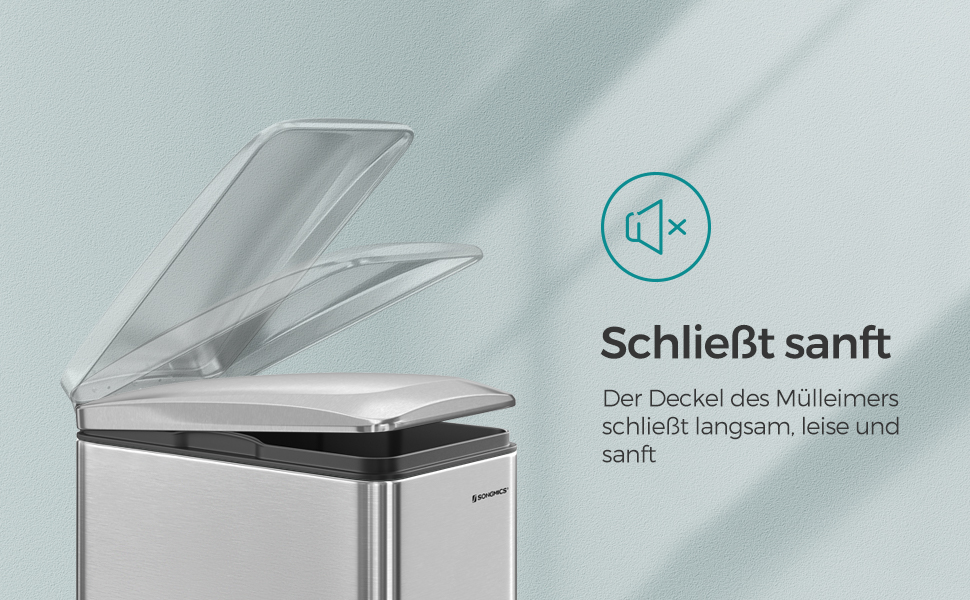 Степле́р SONGMICS для кухні, 48 літрів, вузький, з м'яким закриттям, з відром, з нержавіючої сталі, 15 мішків у комплекті, сріблястий