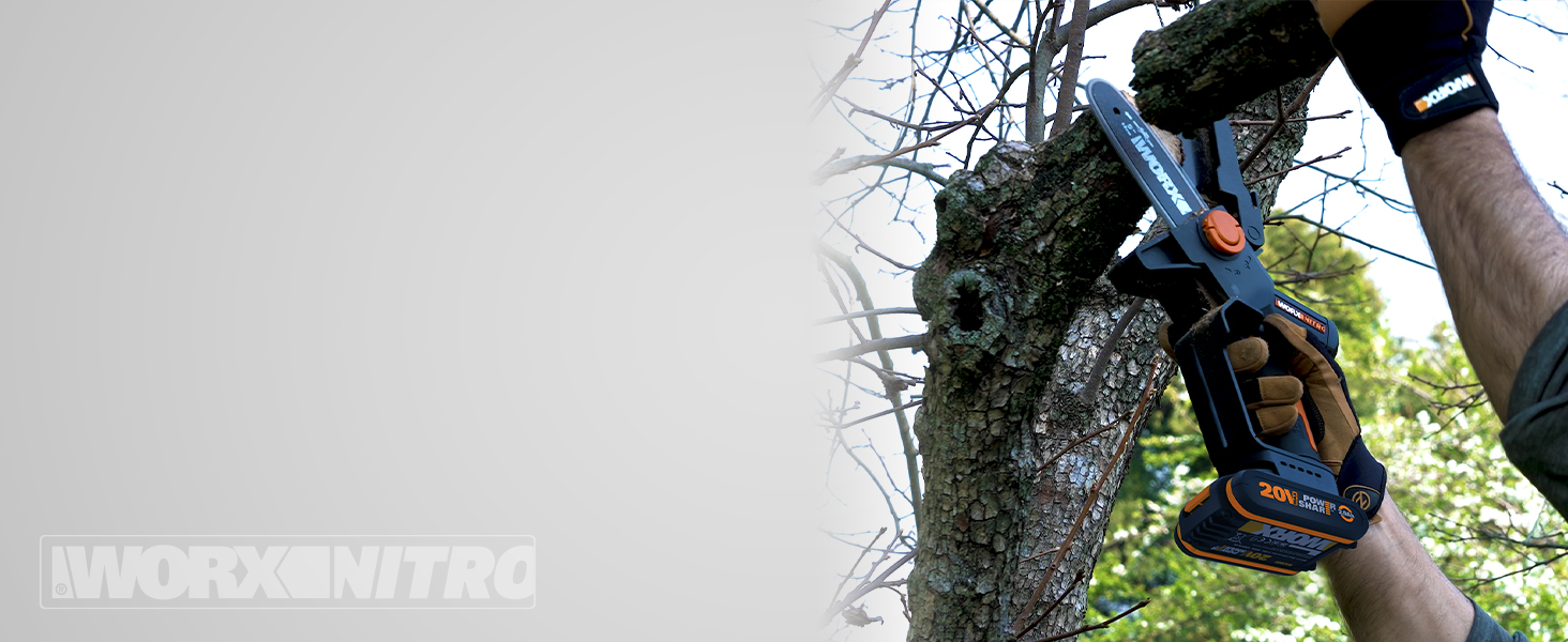 WORX WG325E Nitro Mini акумуляторна бензопила 20V, одноручна пила для гілок, Brushless двигун, 5650 об/хв, довжина різу 12 см, легка та компактна, автоматичне змащення ланцюга (з акумулятором 2Ah та зарядним пристроєм)