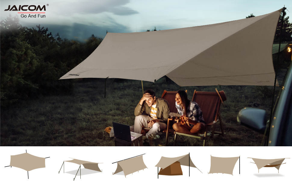 Водонепроникна тентова накидка Tarp 3.7 x 4.3 м з опорами, кільцями, шнуром, для кемпінгу, відпочинку на природі, захисту від сонця та дощу (Хакі)