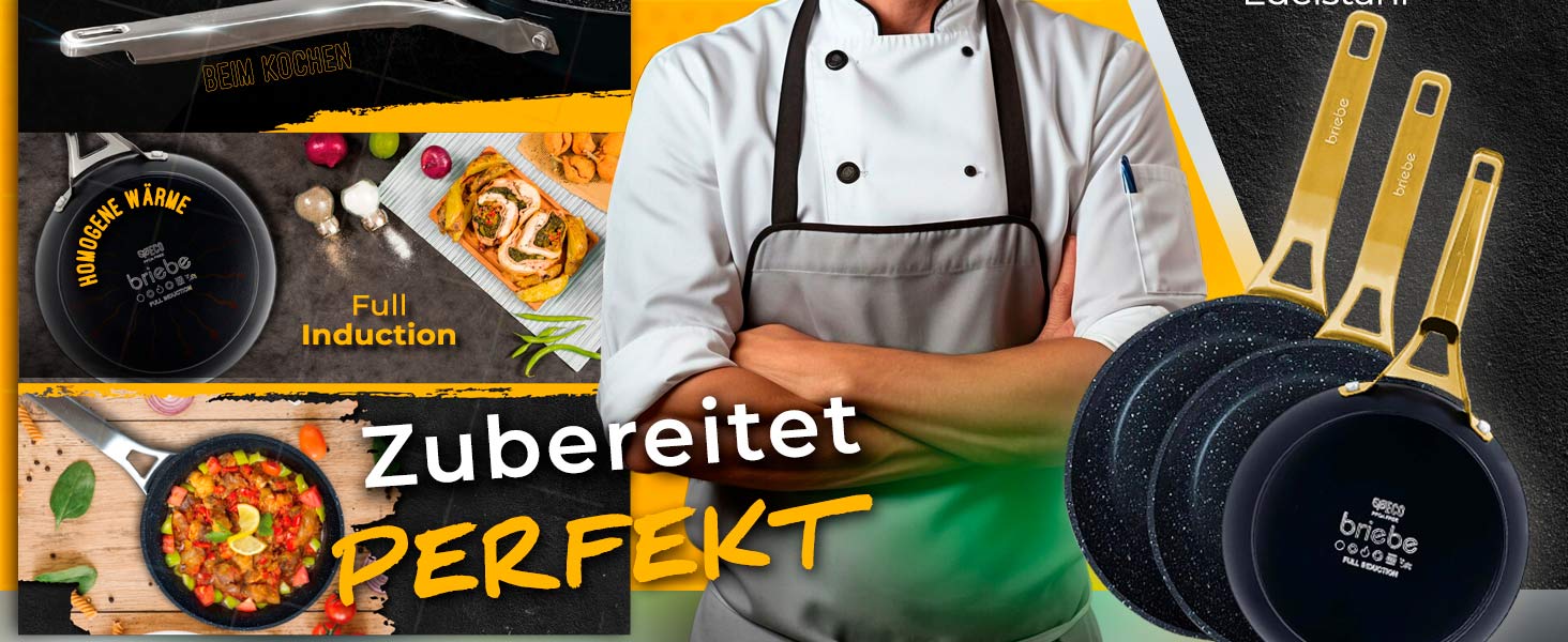 Набір сковорідок Briebe Gold Titanium Set (3 шт.) з титановою поверхнею, антипригарне покриття, для індукційних плит, діаметр 18-20-24 см, коване алюміній, без PFOA, професійні ручки з нержавіючої сталі, сумісний з газовими та склокерамічними плитами