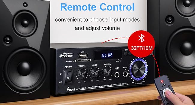 AK45 Pro HiFi підсилювач WOOPKER Mini, 500Вт, 2-канальний, Bluetooth, HiFi стерео з FM-радіо, USB, SD, RCA, MIC, аудіо ресивер для дому та авто