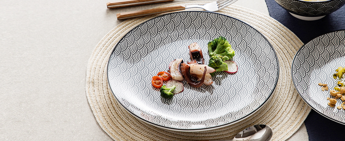 Набір посуду Vancasso Haruka 16 предметів: тарілки для їжі (26.5 см), десертні тарілки (21.5 см), миски для каші (15.2 см) та чашки (360 мл) чорного та кремового кольорів