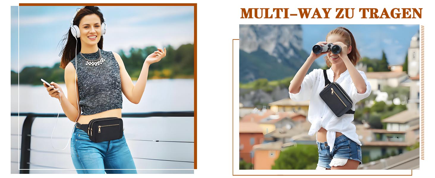 Чоловіча та жіноча поясна сумка Bauchtasche, стильна сумка на пояс для фестивалю, з регульованим ремінком та кількома кишенями, чорна. Підходить для бігу, спорту, прогулянок з собакою.