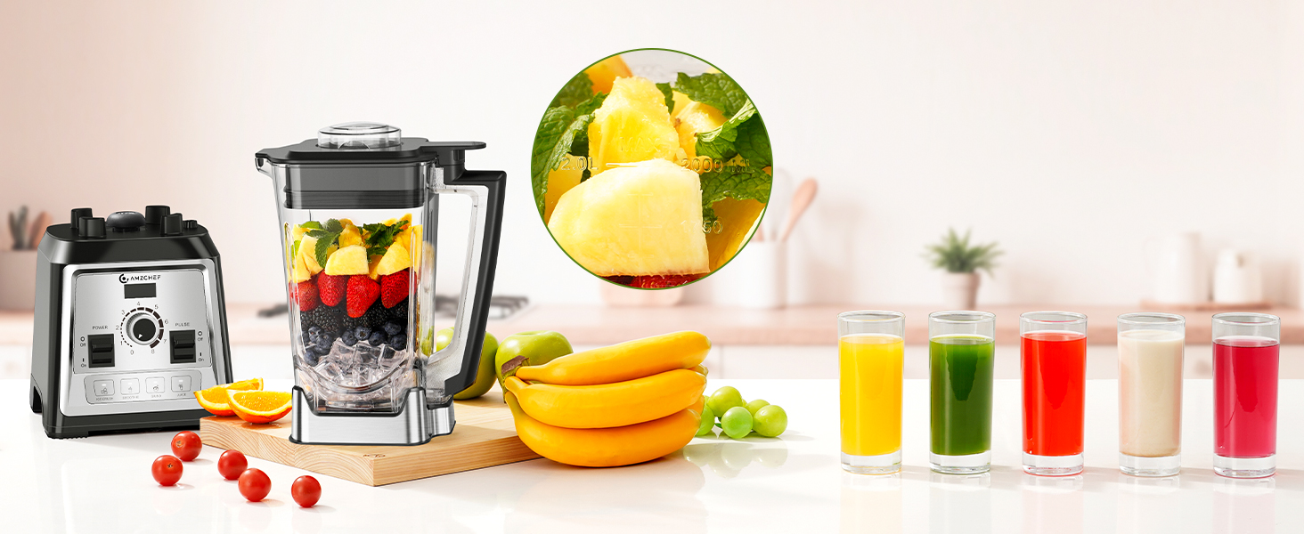 AMZCHEF 2000W Stand Mixer - 2L High-Power Blender with 8 Speeds & 4 Pre-Programs (Crushed Ice, Smoothies, Meat Mixing) - BPA-Free Black
