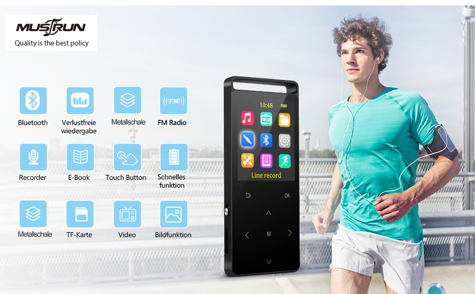 MP3-плеєр 64GB MUSRUN з Bluetooth, HiFi, AUX-запис, FM-радіо, чорний матовий